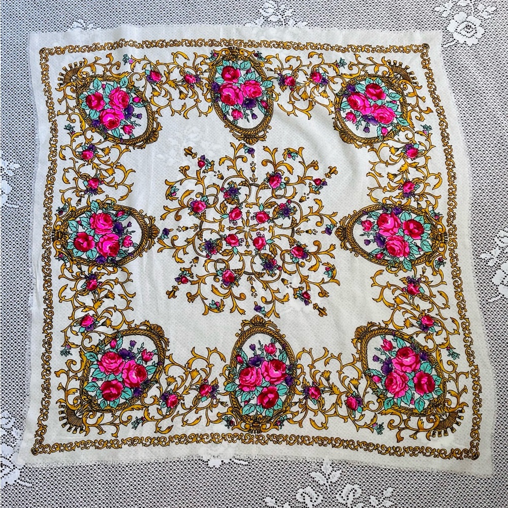 Vintage Pink & Gold Baroque Floral Scarf 30x30